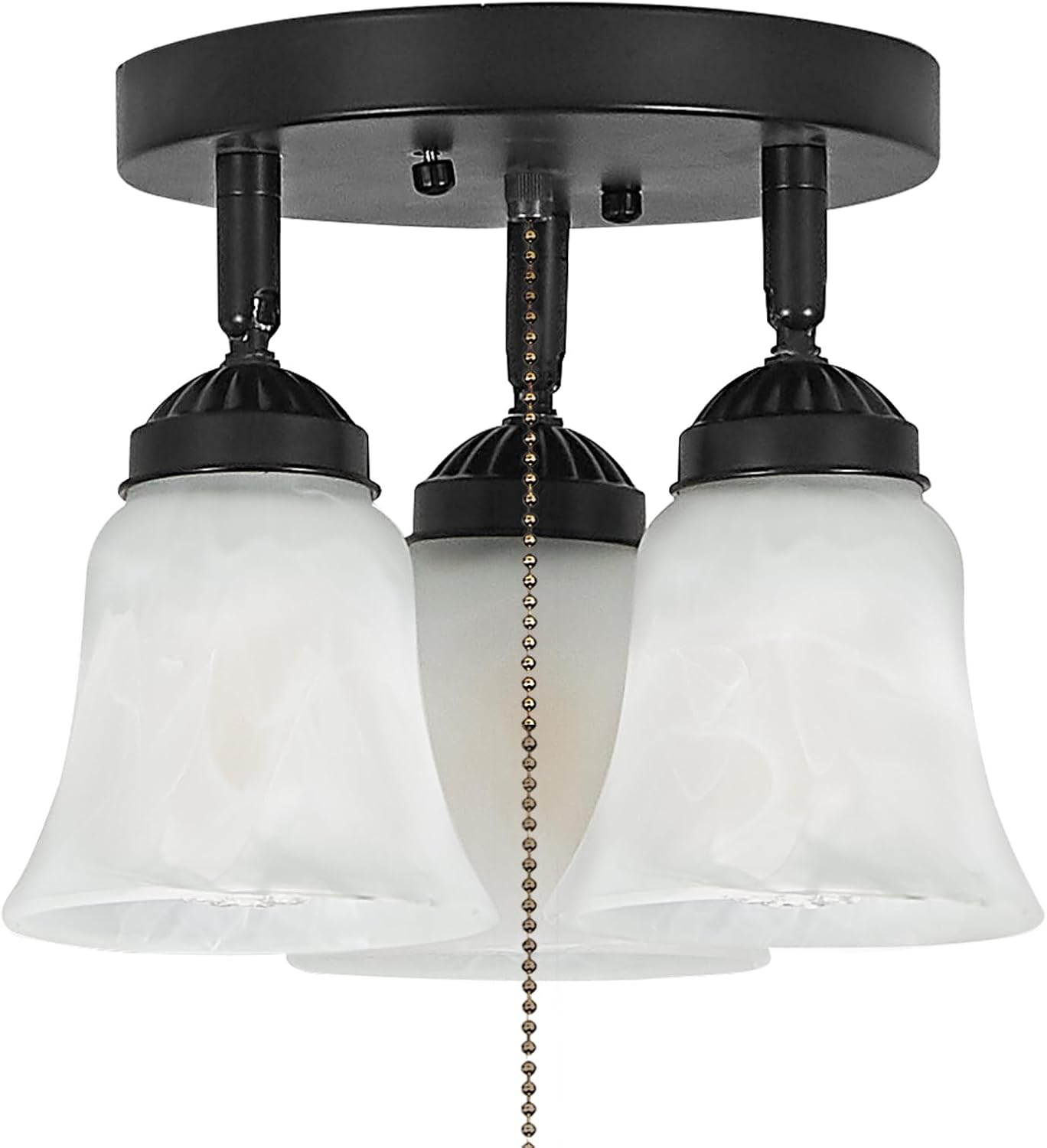 3-Light Flush Mount Ceiling Light with Pull Chain Alabaster Glass Low Profile Lighting Fixtures for Kitchen Living Room Dining Room Closet, Black