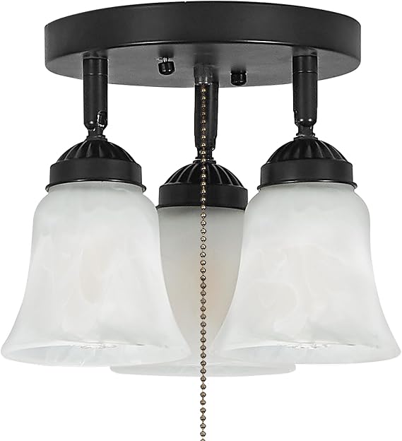 3-Light Flush Mount Ceiling Light with Pull Chain Alabaster Glass Low Profile Lighting Fixtures for Kitchen Living Room Dining Room Closet, Black