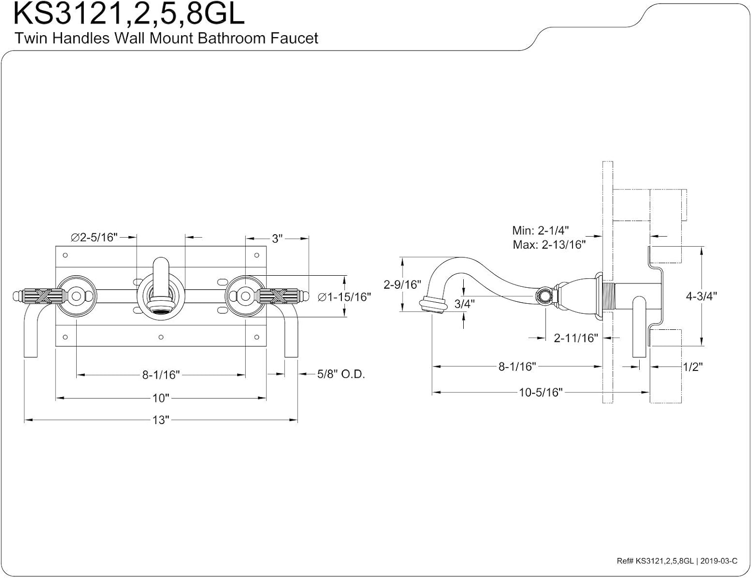 Kingston Brass KS3128GL Wall Mount Bathroom Faucet, Brushed Nickel