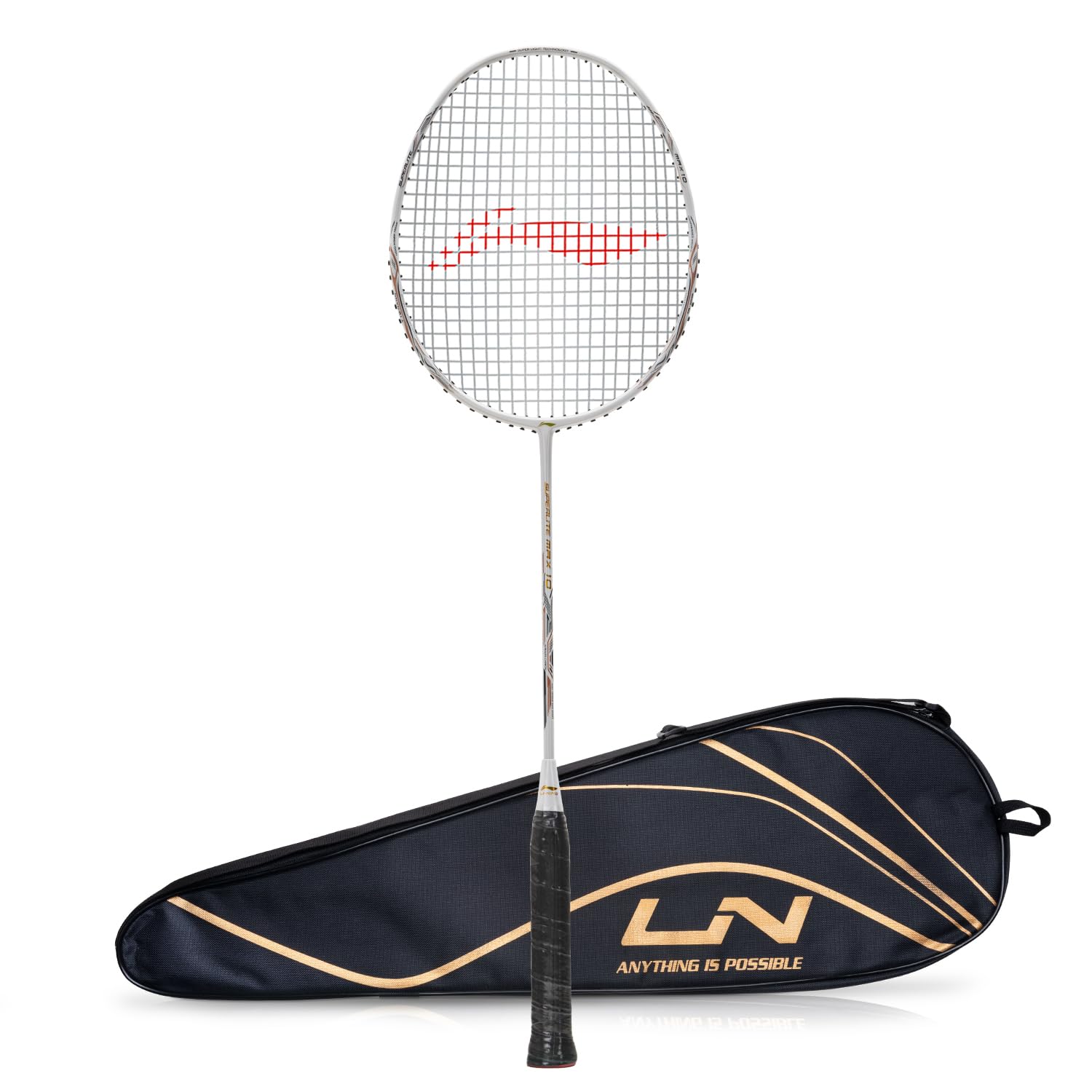 LI-NINGG-Force Superlite Max 10 Carbon Fibre Badminton Racket with Free Full Cover(80 Grams, 28 Lbs) (White/Gold/Black)
