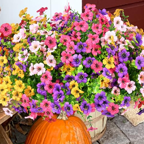 trytuny Artificial Flowers for Outdoor, UV Resistant Fake Silk Flowers, Realistic Faux Plants for Outside Indoor Porch Patio Window Box Planter Home Decor (14, Yellow Purple Rosy Pink) Yello