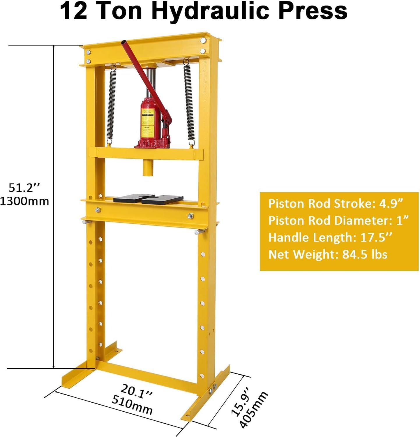 12 ton hydraulic shop press, h-frame floor hydraulic shop press with adjustable height, stamping plates to bend,for bending, straightening, bearing removal & automotive repair yellow