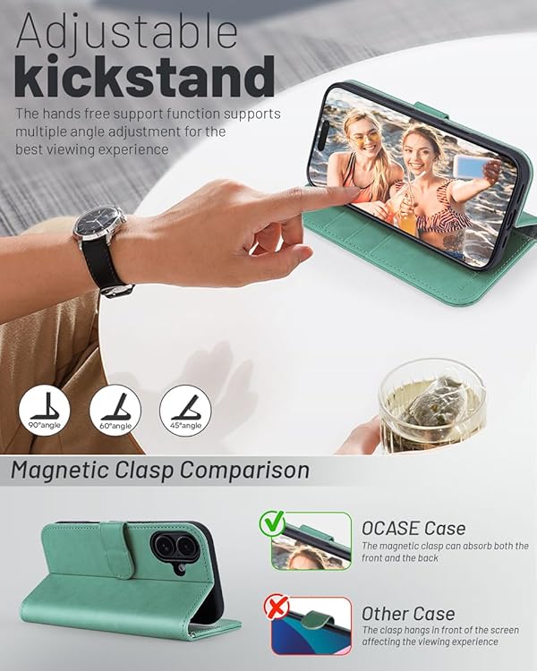 OCASE for iPhone 16 Wallet Case PU Leather Flip Folio Case with Card Holders RFID Blocking Kickstand Shockproof TPU Inner Shell iPhone 16 Phone Cover 6.1 Inch 2024-Green by OCASE - Image 3