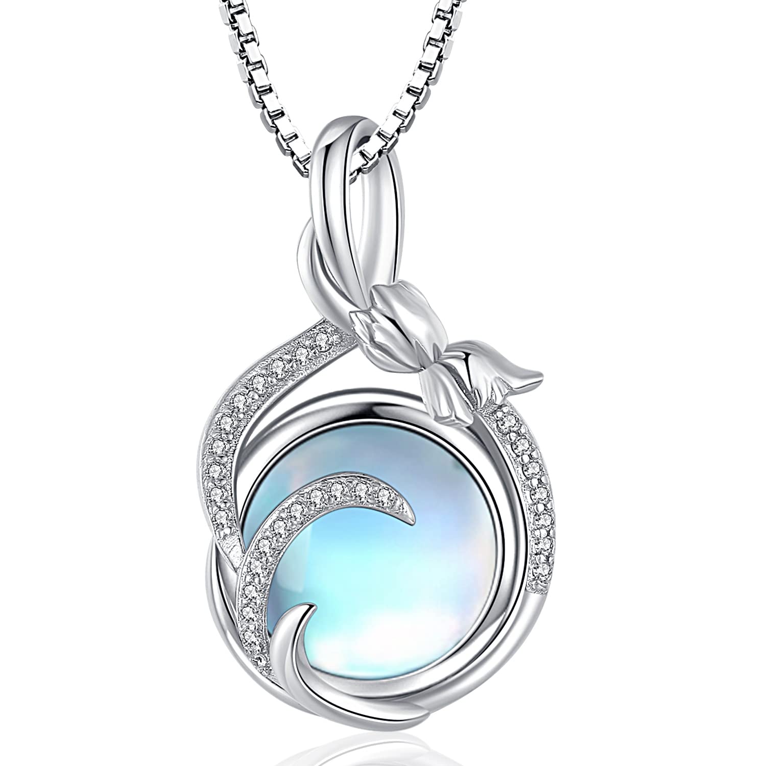 Friggem Moonstone Necklace Women's 925 Sterling Silver Sun and Moon Chain, Heart-Shaped Pendant Moonstone Jewellery for Women Girls