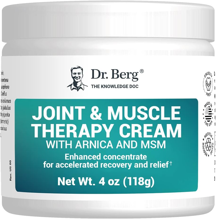 Dr. Berg's Joint & Muscle Pain Relief Cream - Workout Recovery, Full-Body Relaxation, Skin Nourishment, and Arthritis Pain Relief Cream - Sore Muscle Relief Therapy Cream with Arnica and MSM - 4 oz. : Health & Household