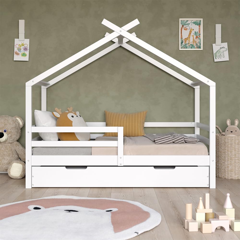 VitaliSpa Cama en Forma de casa Luni, Blanco, 160 x 80 cm | con cama extraíble para invitados, como un pequeño hogar para un ambiente cálido