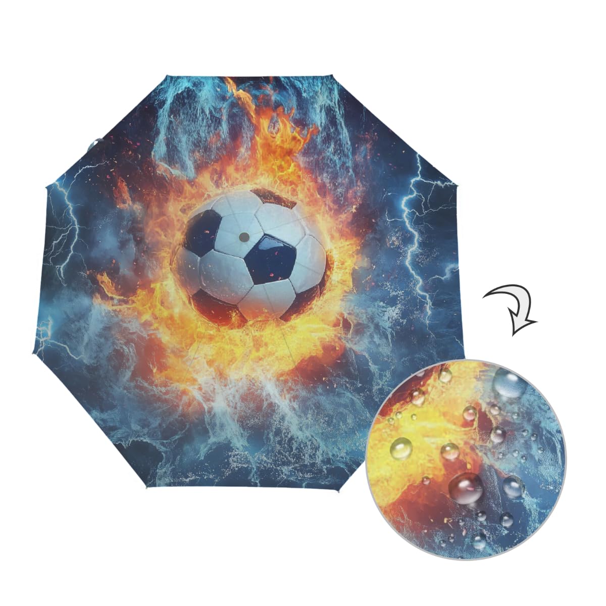 Ombrello pieghevole da calcio astratto acqua fuoco ombrello da viaggio compatto antivento impermeabile con protezione UV rivestimento nero leggero 8 coste portatile per pioggia sole