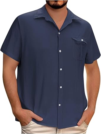Linen Short Sleeve Shirts for Men Clearance,Mens Button Down Lapel Casual Hawaiian Blouses - Cotton Linen Loose Fit Holiday Beach Shirt - Solid Henley Blouse Tops with Pocket - UK Size 8-22
