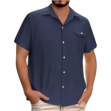 Linen Short Sleeve Shirts for Men Clearance,Mens Button Down Lapel Casual Hawaiian Blouses - Cotton Linen Loose Fit Holiday Beach Shirt - Solid Henley Blouse Tops with Pocket - UK Size 8-22