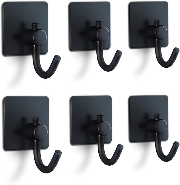 KAXIMON Self Adhesive Hooks Black, 6 Pack Robe Coat Sticky Hooks for Hanging, Self Adhesive Door Hooks for Bathroom Kitchen Hanging Towel Key, No Nails