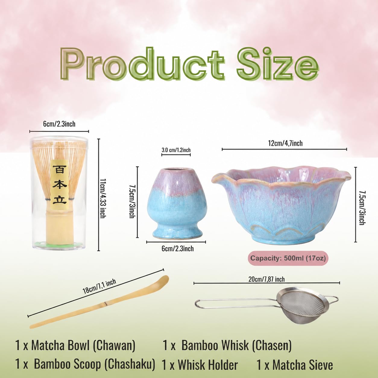 Lot de 5 bols à matcha avec bec verseur en forme de fleur bleu rose Chasen, fouet en bambou, support de chasa, cuillère en bambou, passoire, service à thé matcha japonais