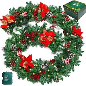 9FT Christmas Garland with 100 Lights Battery Operated,Artificial Prelit Garland with Red Balls,Pine Cones,Cedar Branches,for Christmas Decorations Outdoor Indoor Holiday Home Fireplace Decor-Gift Box 9FT Christmas Garland with 100 Lights Battery OperatedArtificial Prelit Garland with Red BallsPine ConesCedar Branchesfor Christmas Decorations Outdoor Indoor Holiday Home Fireplace Decor Gift Box