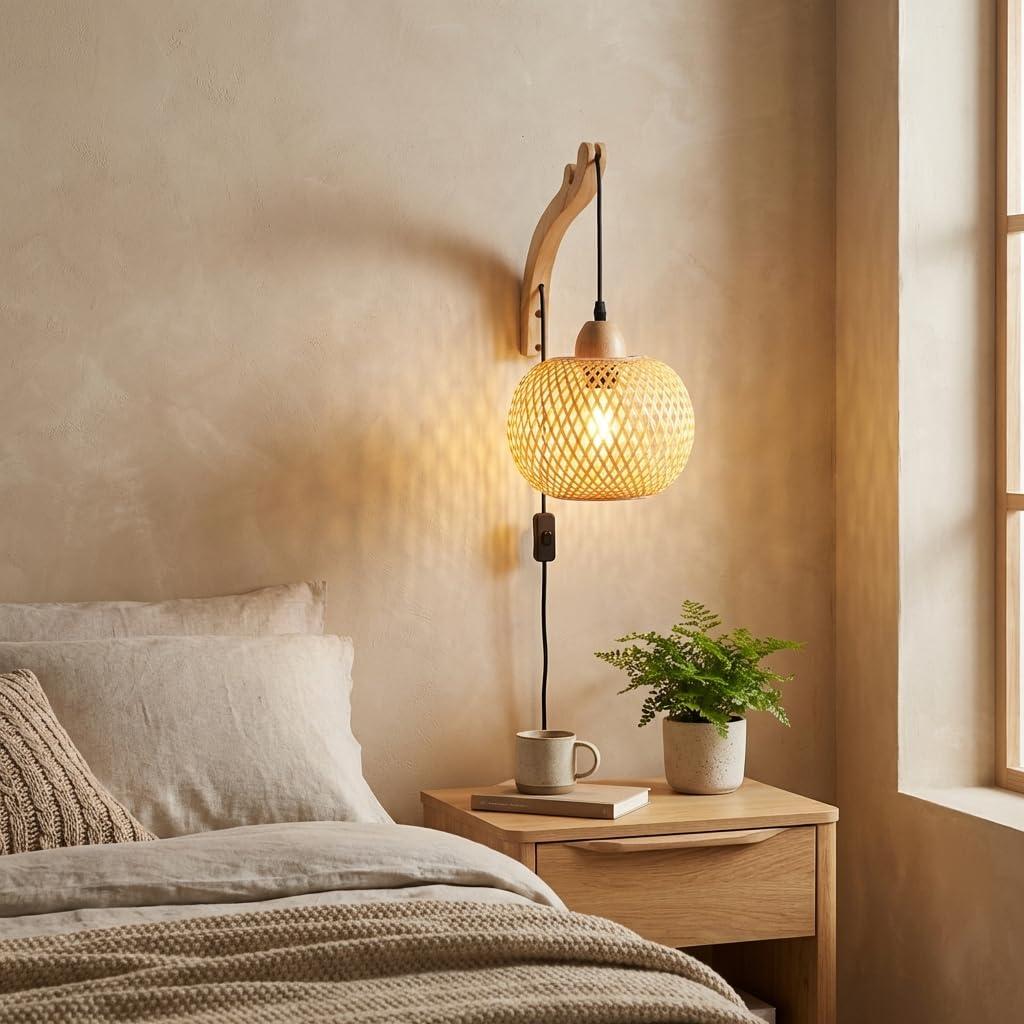 BARCELONA LED Applique murale « Phuket » en osier et bois avec prise – Luminaire décoratif d'intérieur en fibres naturelles. Style rustique et moderne. Douille E27 pour salon, chambre ou escalier.