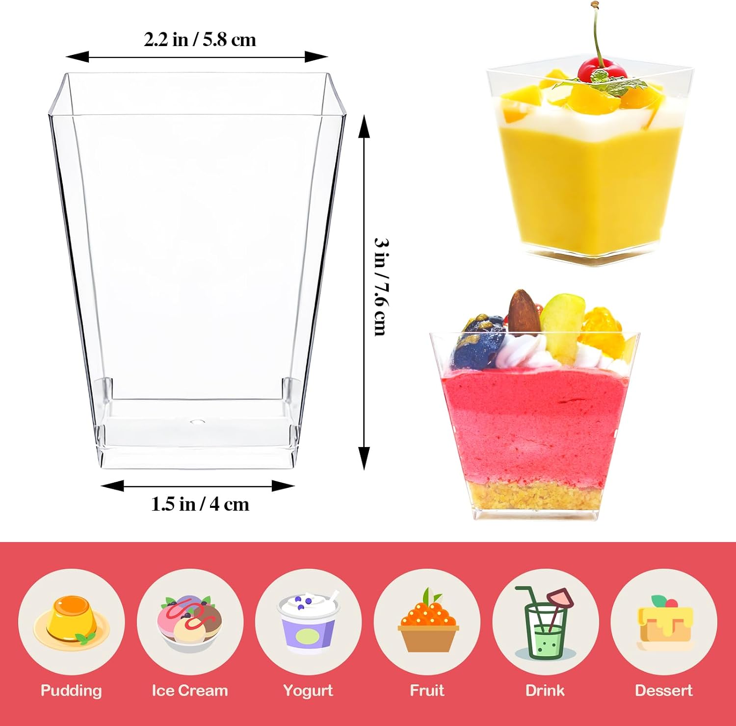 5oz Mini Dessert Cups, Small Square Plastic Cups, Clear Appetizer Cups for Pudding, Yogurt, Mousse, Wedding and Party（Clear, 100