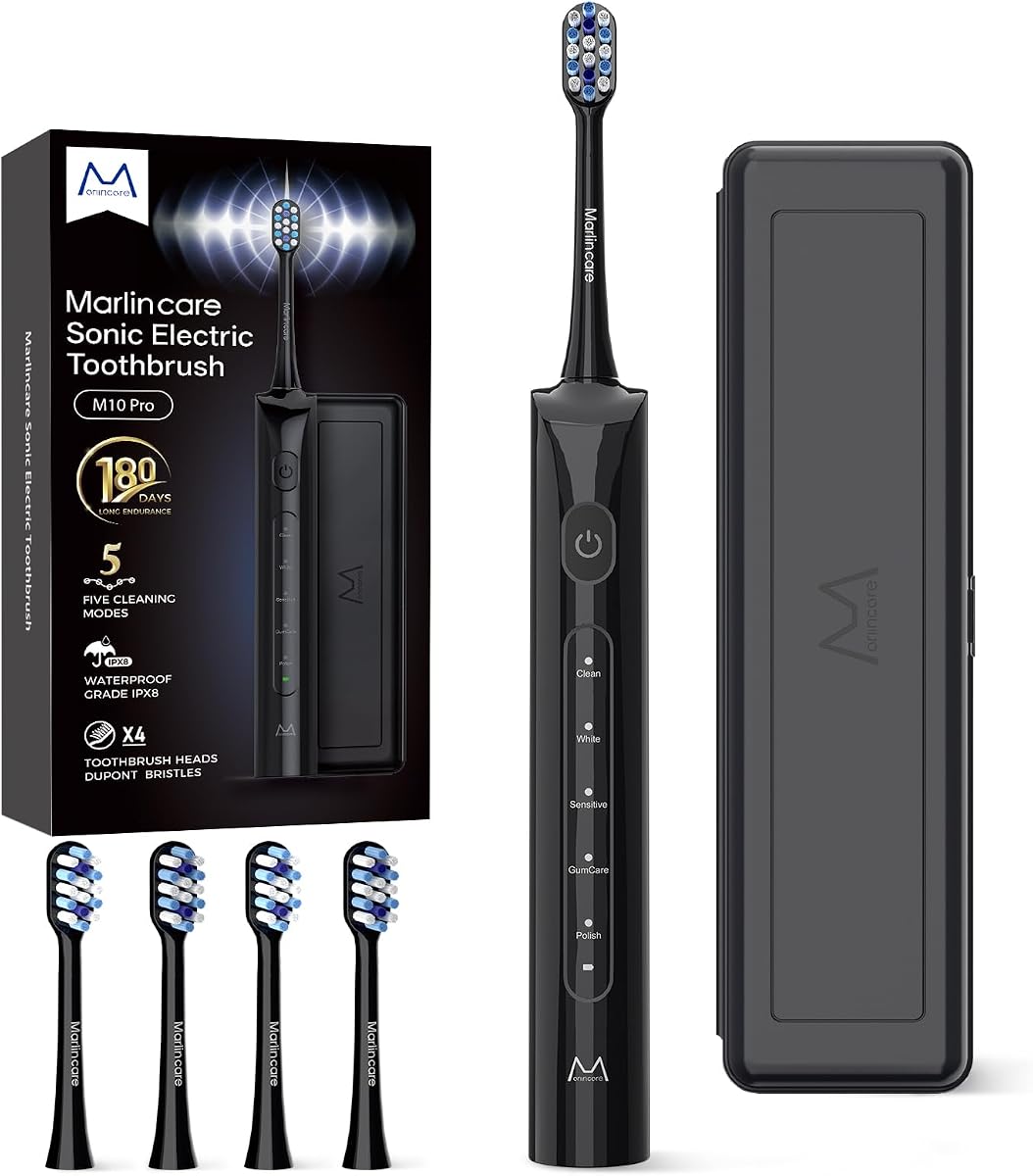 Electric Toothbrush for Adults, 180 Days Battery Life Rechargeable Sonic Toothbrush with 4 Brush Heads Smart Timer, 55000VPM for Deep Cleaning & Whitening with 5 Modes, Travel Case, Black