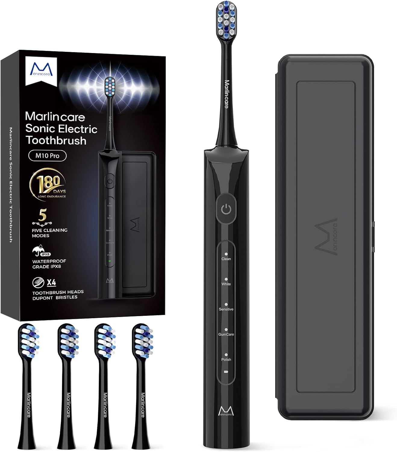 Electric Toothbrush for Adults, 180 Days Battery Life Rechargeable Sonic Toothbrush with 4 Brush Heads Smart Timer, 55000VPM for Deep Cleaning & Whitening with 5 Modes, Travel Case, Black