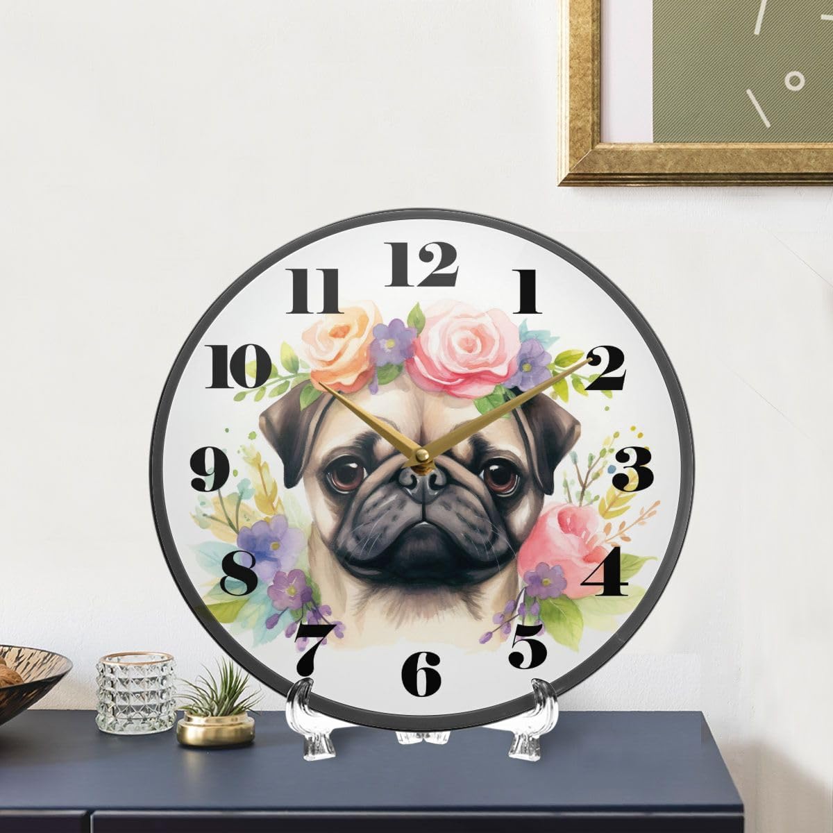 ALAZA Pug Dog Puppy Wall Clock Battery Operated Silent Non Ticking Clocks for Living Room Decor 12 Inch / 9.5 Inch