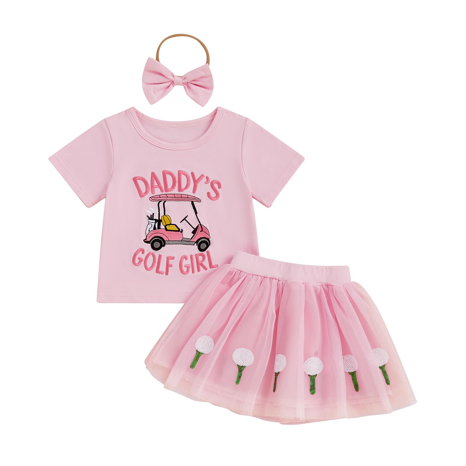 Gaono Toddler Baby Girl Summer Outfit Golf Cart Embroidered Short Sleeve T-Shirt Tops Tulle Skirt Set Summer Clothes (Pink, 2-3T)