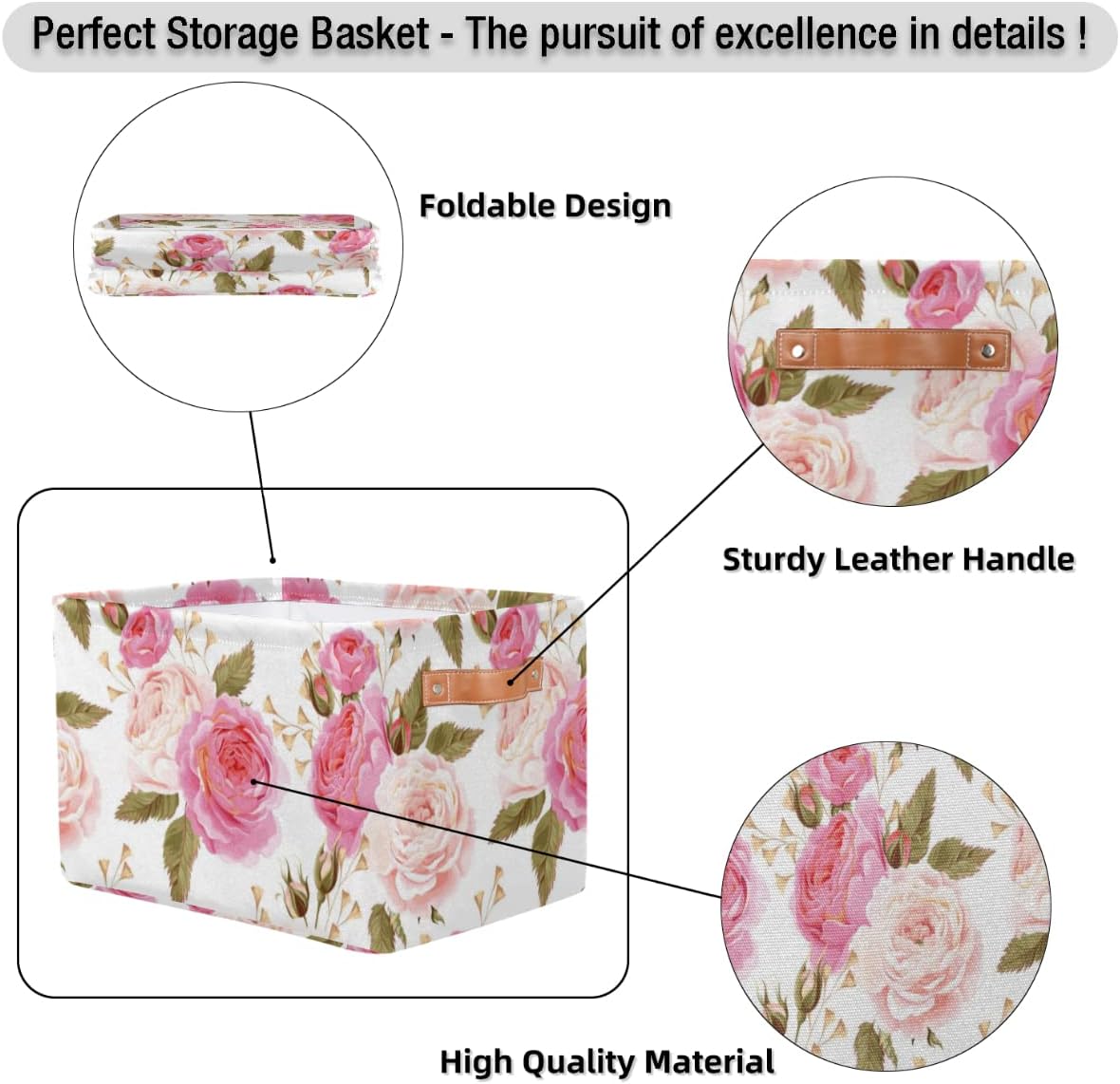 Pardick 2Pack Floral Flower Rose Large Collapsible Storage Bins,Pink Roses Decorative Canvas Fabric Storage Boxes Organizer with Handles，Rectangular Shelves Baskets Box for Home Office Nursery Closet image 3