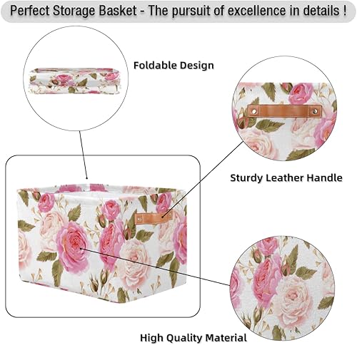 Miniatura 3 de Pardick Paquete de 2 cajas de almacenamiento plegables grandes, diseño de rosas rosas, cajas de almacenamiento decorativas de tela de lona con asas