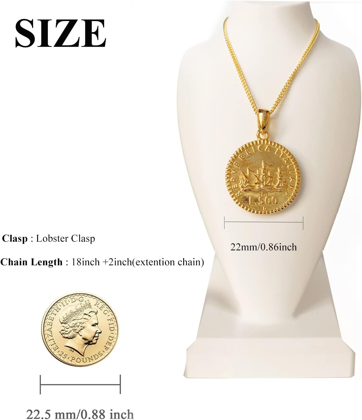 925 Sterling Silver 500 Lira Italian Coin Necklace 18K Gold Plated Pendant Birthday Present for Her Wife Grandmother - Image 7