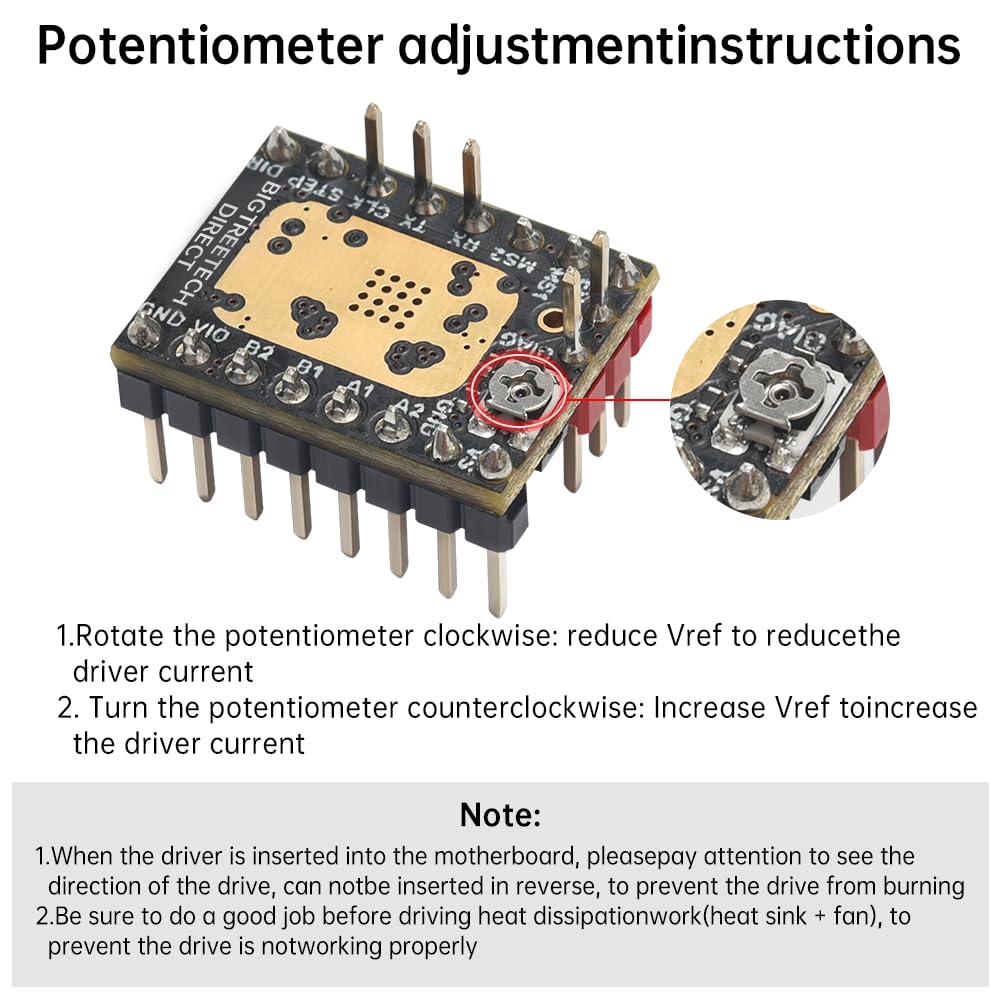 Diagram showing the location of the potentiometer on the TMC2209 V1.3 driver and instructions for adjustment.