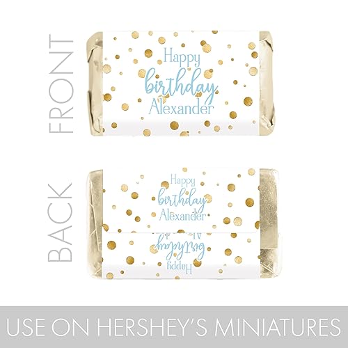 Miniatura 4 de Mini envoltorios personalizados de barra de caramelo de cumpleaños azul y dorado - 45 calcomanías