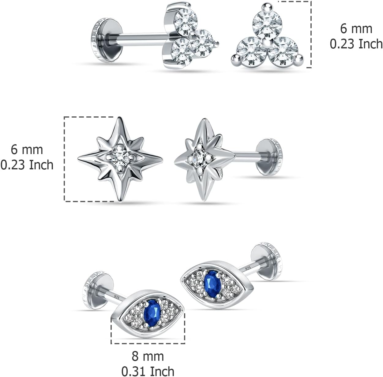 LeCalla Set of 3 Pairs 925 Sterling Silver Cubic Zirconia Stud Earrings for Women | Rhodium-Plated CZ Earrings Set with Evil Eye, Star, Moon, Lightning, Teardrop & Trio Designs