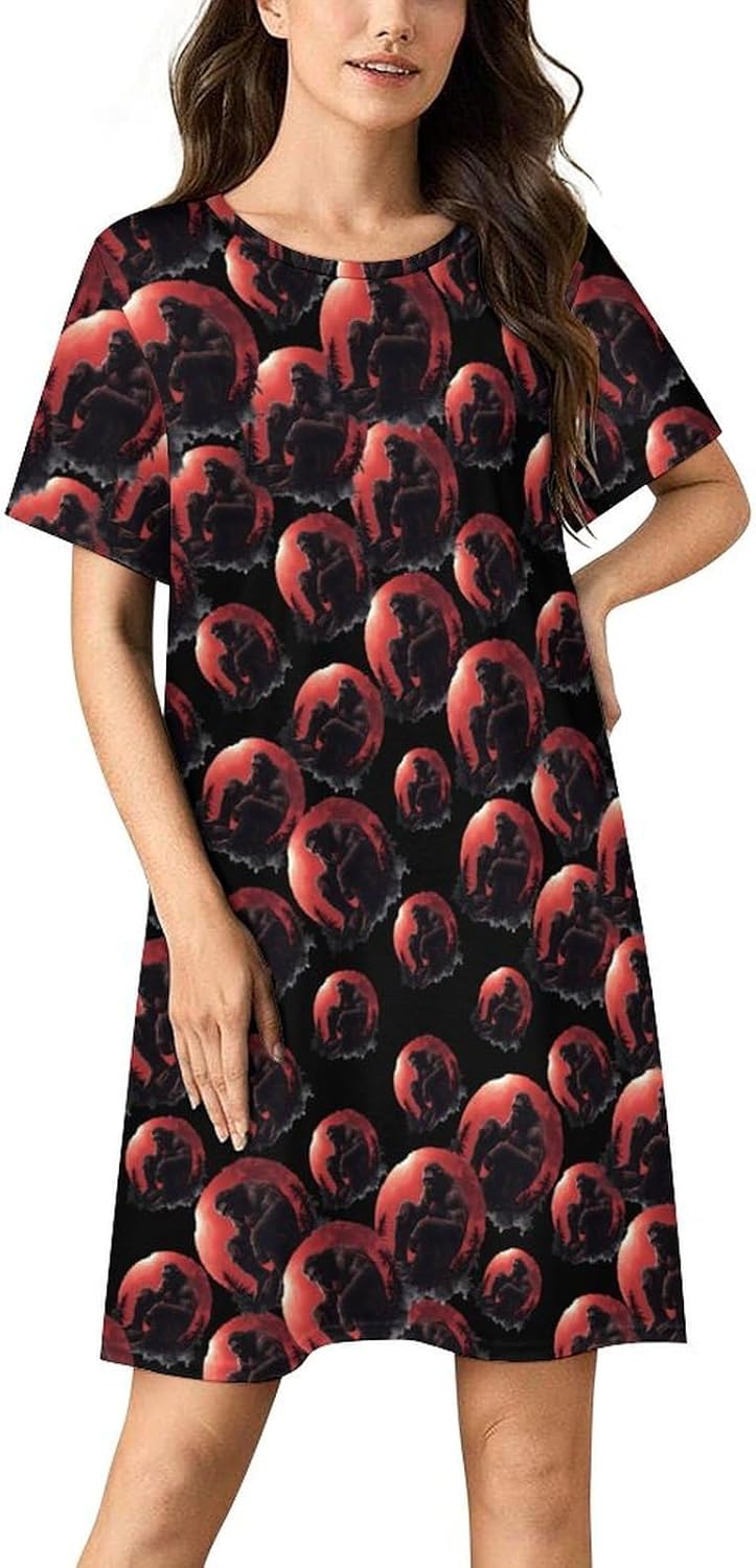 Bigfoot And Moon Nightgowns for Women Short Sleeve Sleep Dress Casual Sleepshirt Night Gowns Pajamas