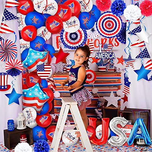 Katchon, 4Th Of July Decorations Set - Huge, Pack Of 52 | Usa Balloons, Pom Poms, Paper Fans, Star Confetti, Flag Garland | Fourth Of July Decorations | Red White And Blue Decorations, Patriotic Decor #TOP5