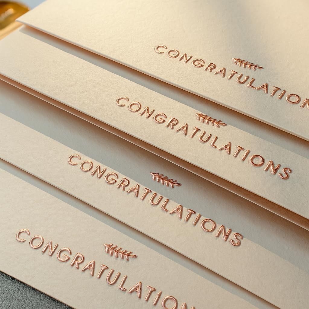 RUN2PRINT Congratulations Cards with Envelopes, 12 Pack, Ivory, Rose Gold Foil Embossed, Graduation, Wedding, Promotion, Baby, Retirement, Foil Stickers, Italian Textured Paper