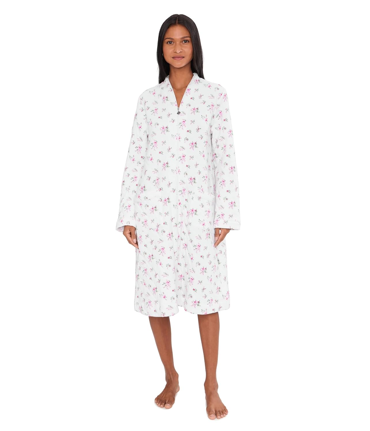 Eileen West Womens Jacquard Quilt Long Sleeve Zip Robe White Ground Petite Roses Large