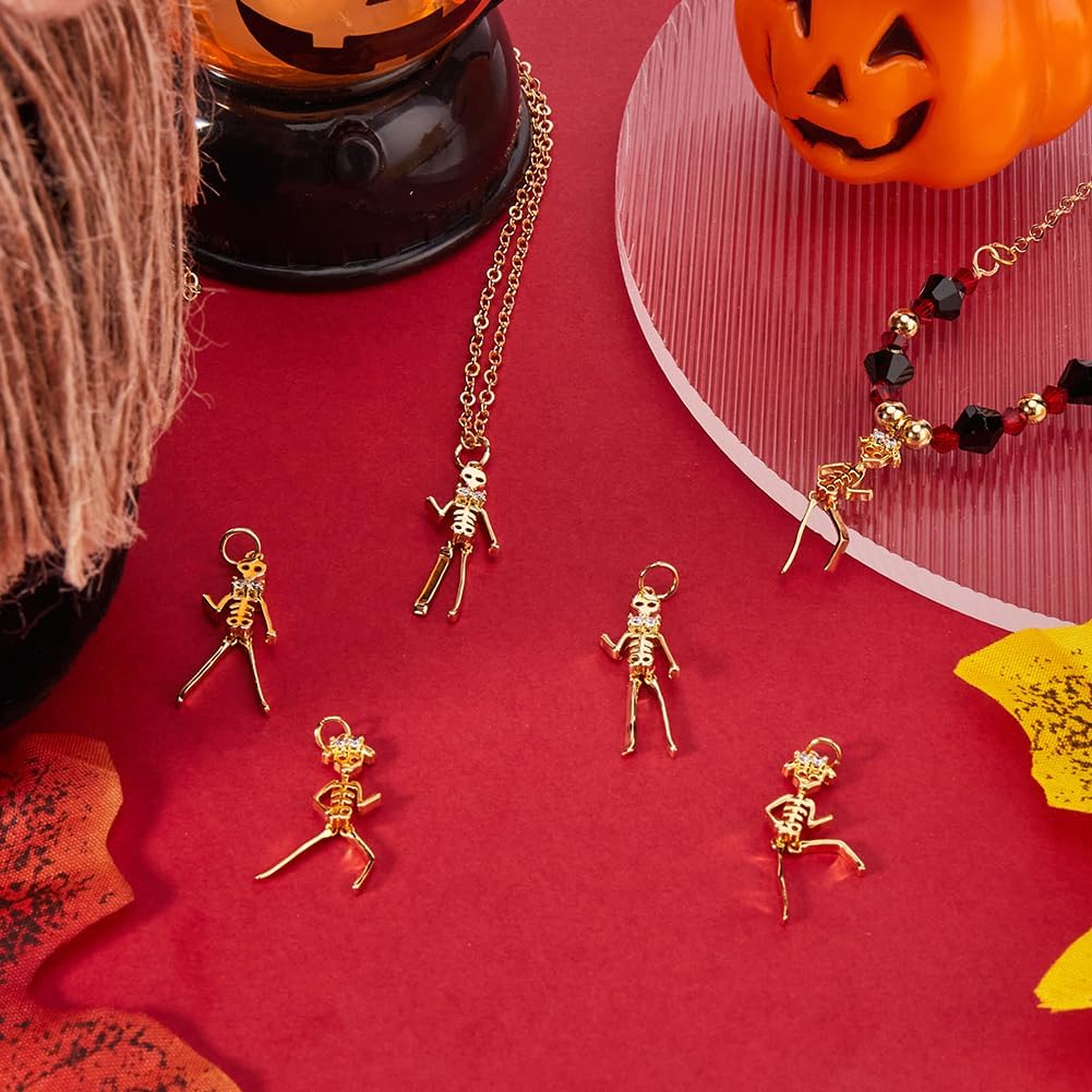 Beebeecraft 6Pcs 2 Styles Skeleton Body Charms Halloween Enamel Human Skeleton Skull Charm 18K Gold Plated Cubic Zirconia Pendant Charm for DIY Crafts Jewelry Making Necklaces Bracelets