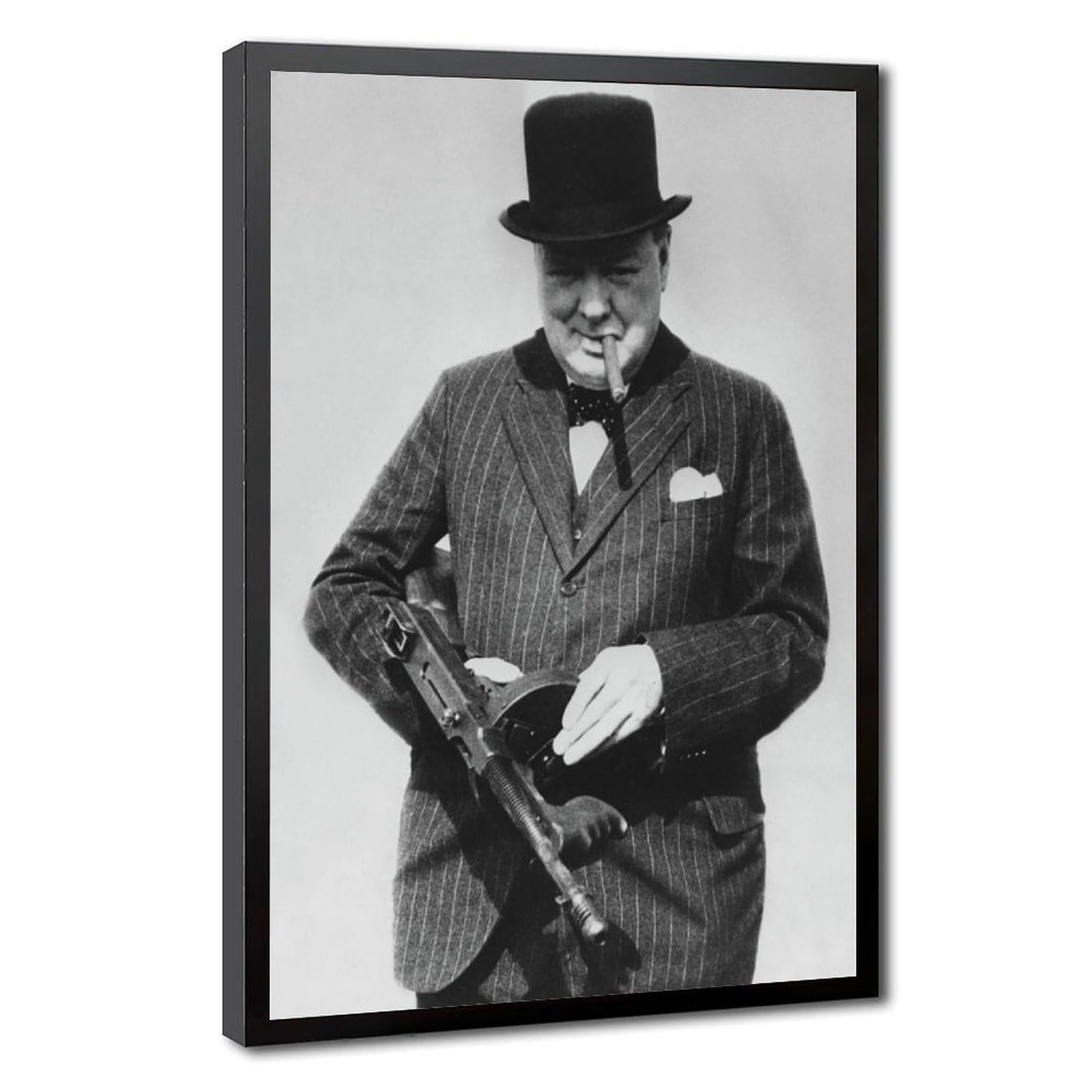WCYB Winston Churchill With Tommy Gun Posters Prints Canvas Deco Paintings Wall Art Hangable Frame 16" L X 24" W