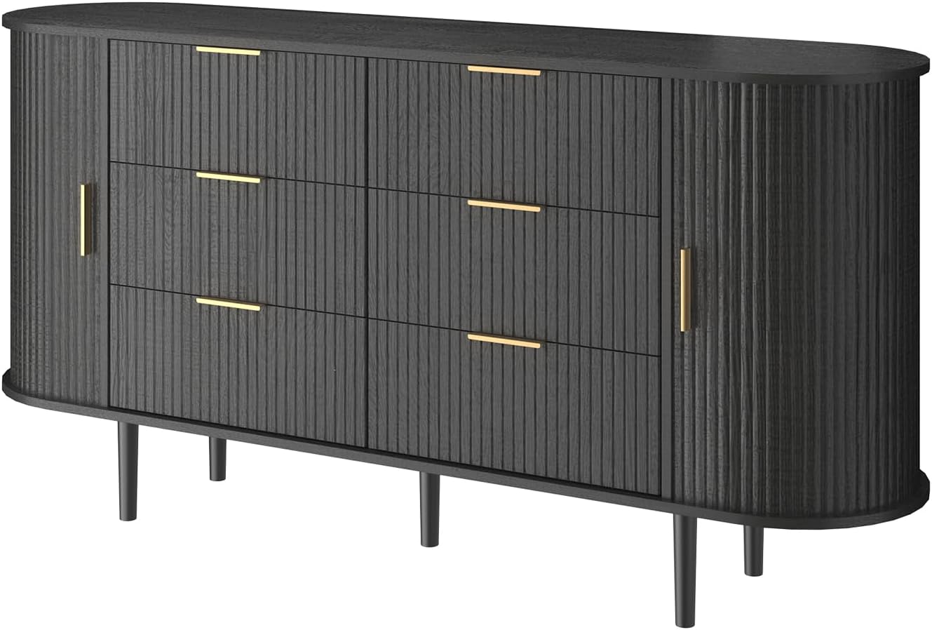 Modern Curved Fluted TV Stand for TVs up to 70 Inches, TV Console with Sliding Doors and Drawers, Credenza with Storage Cabinet for Living Room, 63 Inch, Black