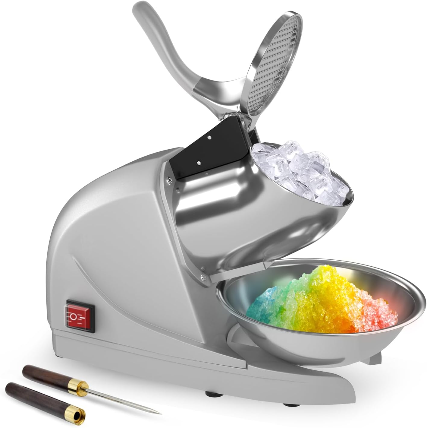 Ice Shaver Prevent Splash Electric Three Blades Snow Cone Maker Stainless Steel Shaved Ice Machine 380W 220lbs/hr Home and Commercial Ice Crushers (Silver)