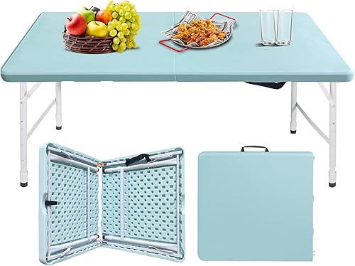 Miniatura 24 de Mesa plegable portátil de plástico de 4 pies/6 pies/8 pies, mesa de picnic y comedor de alta resistencia, color blanco y negro, plegable a la mitad