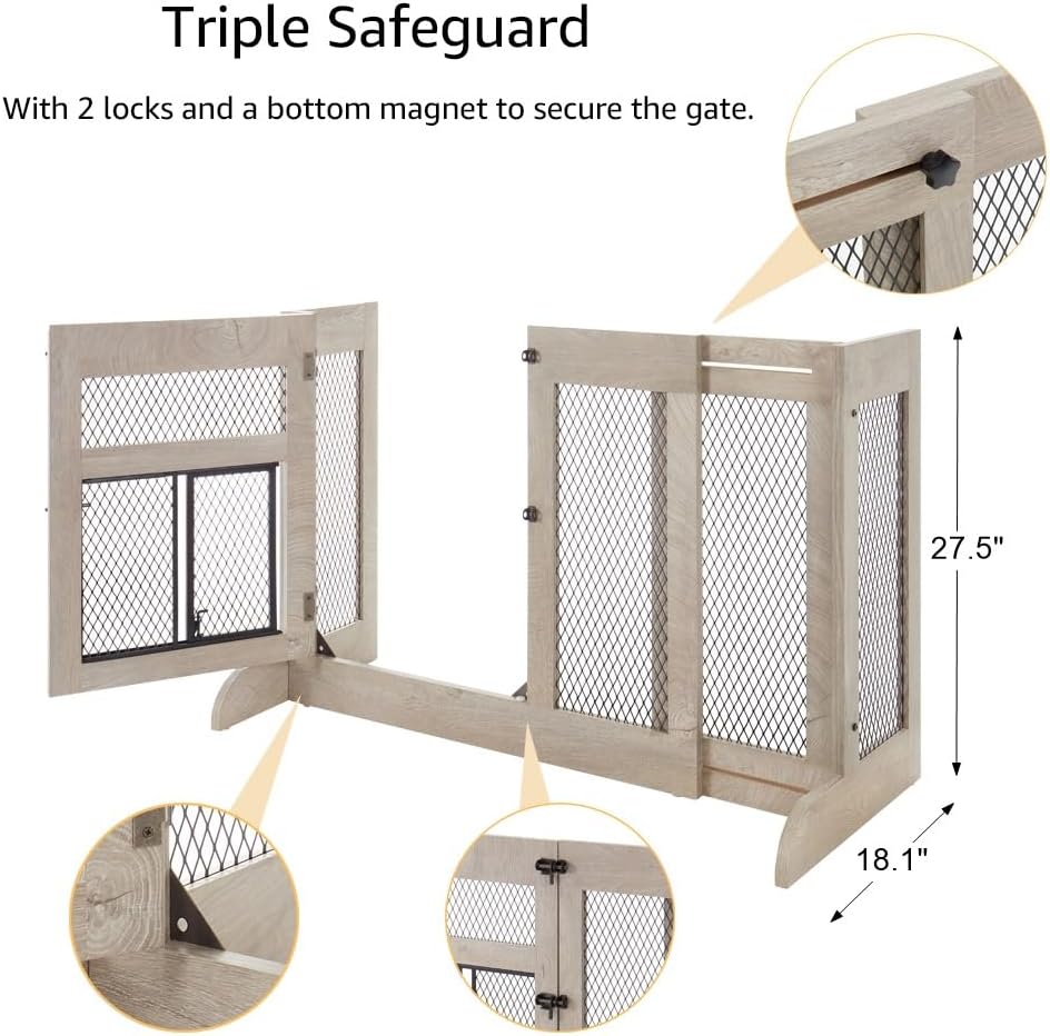 unipaws Dog Gate Indoor, Separates Puppy and Large Dogs, Walk Through Pet Gate with Dog Door, Free Standing, Adjustable 33.3-41.6 Inches Wide, Gray, Metal & Wood