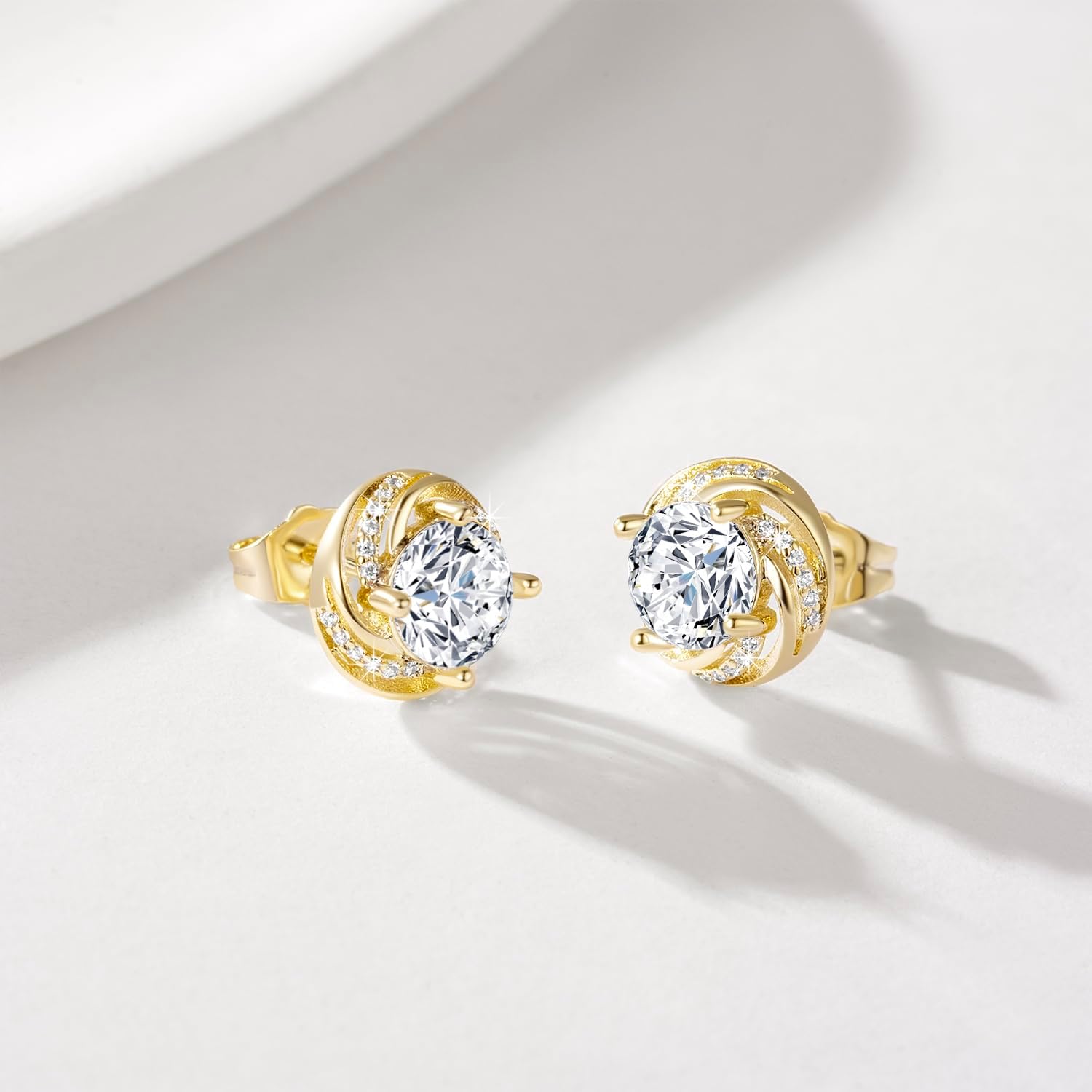 Cossa 14K Gold Stud Earrings for Women Hypoallergenic Cubic Zirconia Earring with Modern Rotated Textured Design Small Earring Studs - Image 4