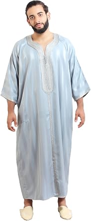 Moroccan Men One size Lounge wear Caftan Handmade Gandoura Cotton Blend Delicate Embroidery Grey
