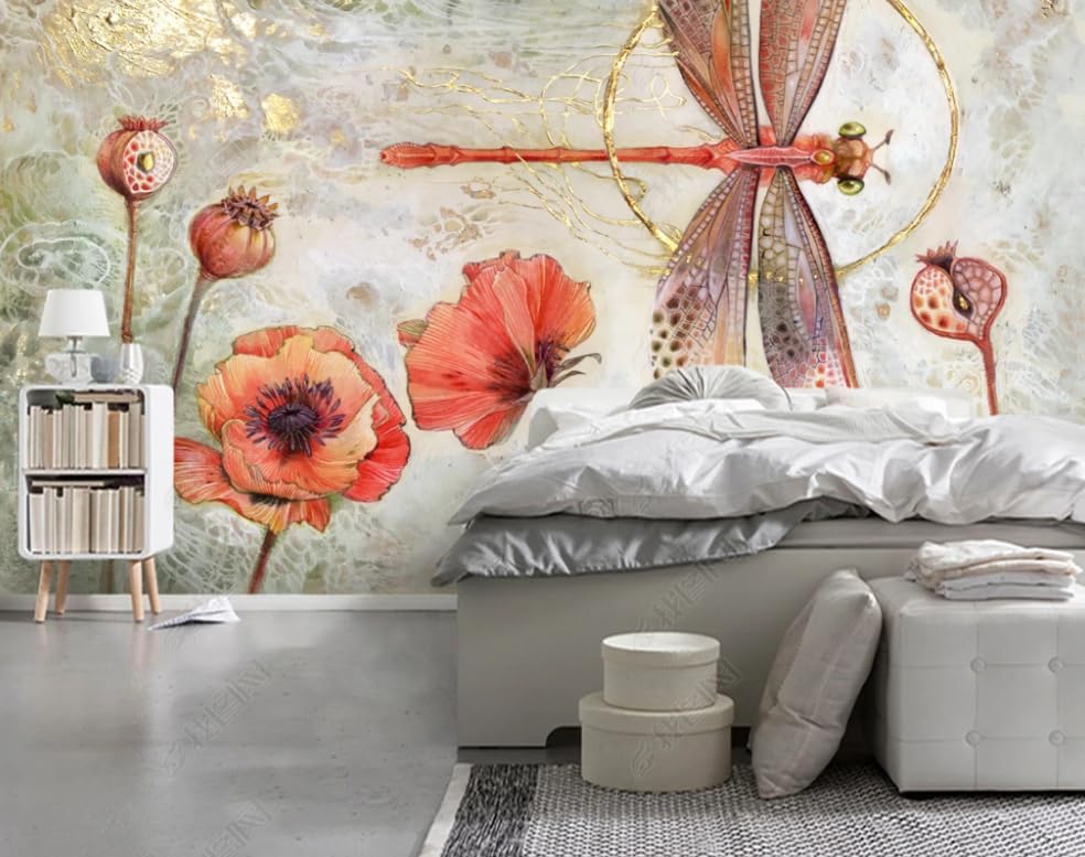 Papier peint intissé libellule et fleurs de pavot poster géant mural 250x175 cm pour salon