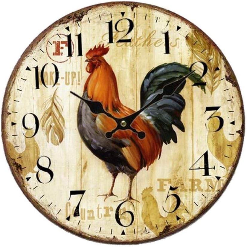 Home Decor Clock, Colorful Retro Arabic Numerals Style,Silent Non -Ticking Quartz Wooden Wall Clock, Large Wall Art Decorative for Kitchen,Living Room,Kids Room and Coffee Decor (12 Inch, Rooster)