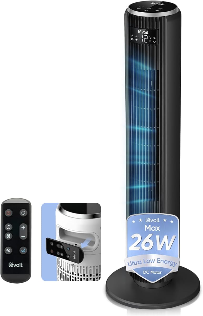 Levoit 20dB Silent Tower Fan, 5.5W-26W Energy Saving Fan for Bedroom & Home, Powerful Cooling with DC Motor, 4 Modes 12 Speeds, Advanced Sleep Mode, 90° Oscillation, Remote Control, 12H Timer, Black