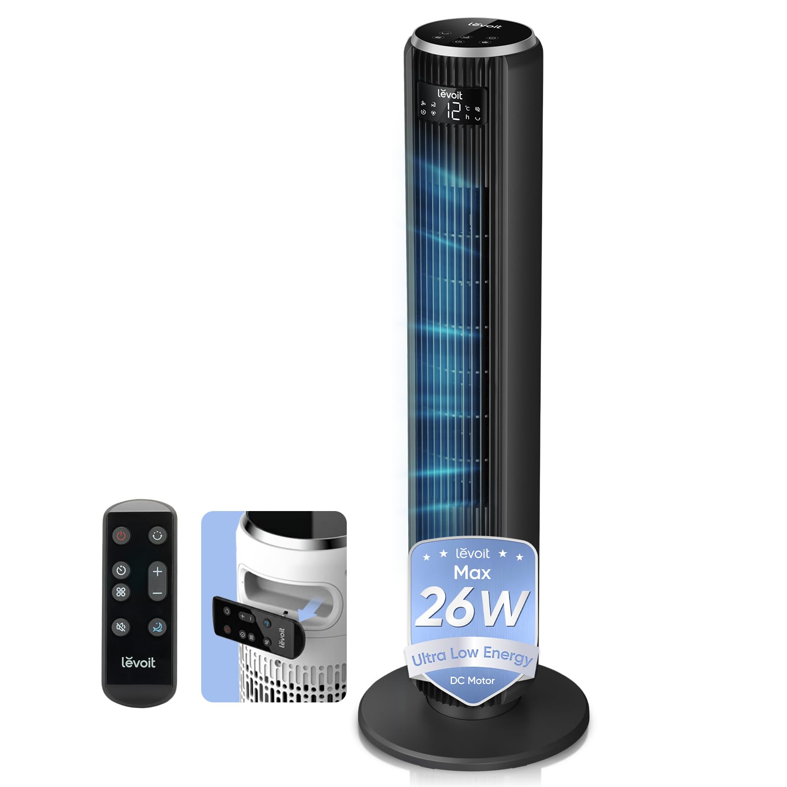 Levoit 20dB Silent Tower Fan, 5.5W-26W Energy Saving Fan for Bedroom & Home, Powerful Cooling with DC Motor, 4 Modes 12 Speeds, Advanced Sleep Mode, 90ยฐ Oscillation, Remote Control, Black