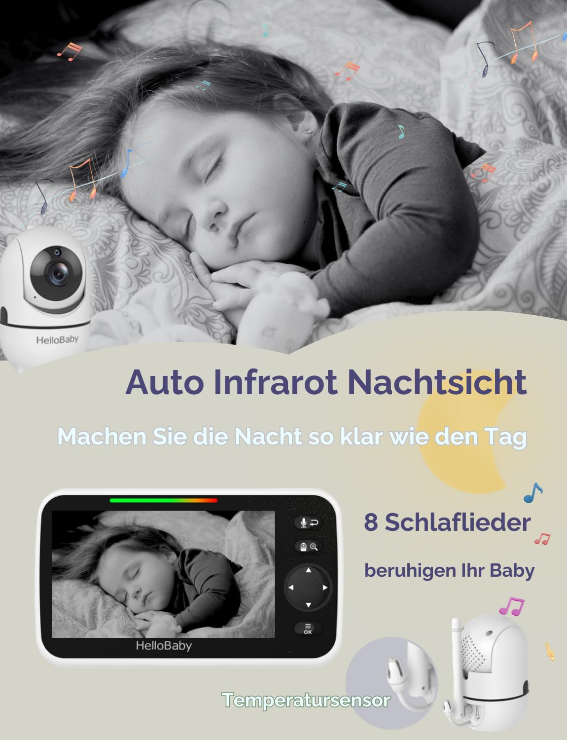 HelloBaby Babyphone mit Kamera 5 Zoll 3500 mAh 355° Schwenken 120° Neige Zoomen HB6550