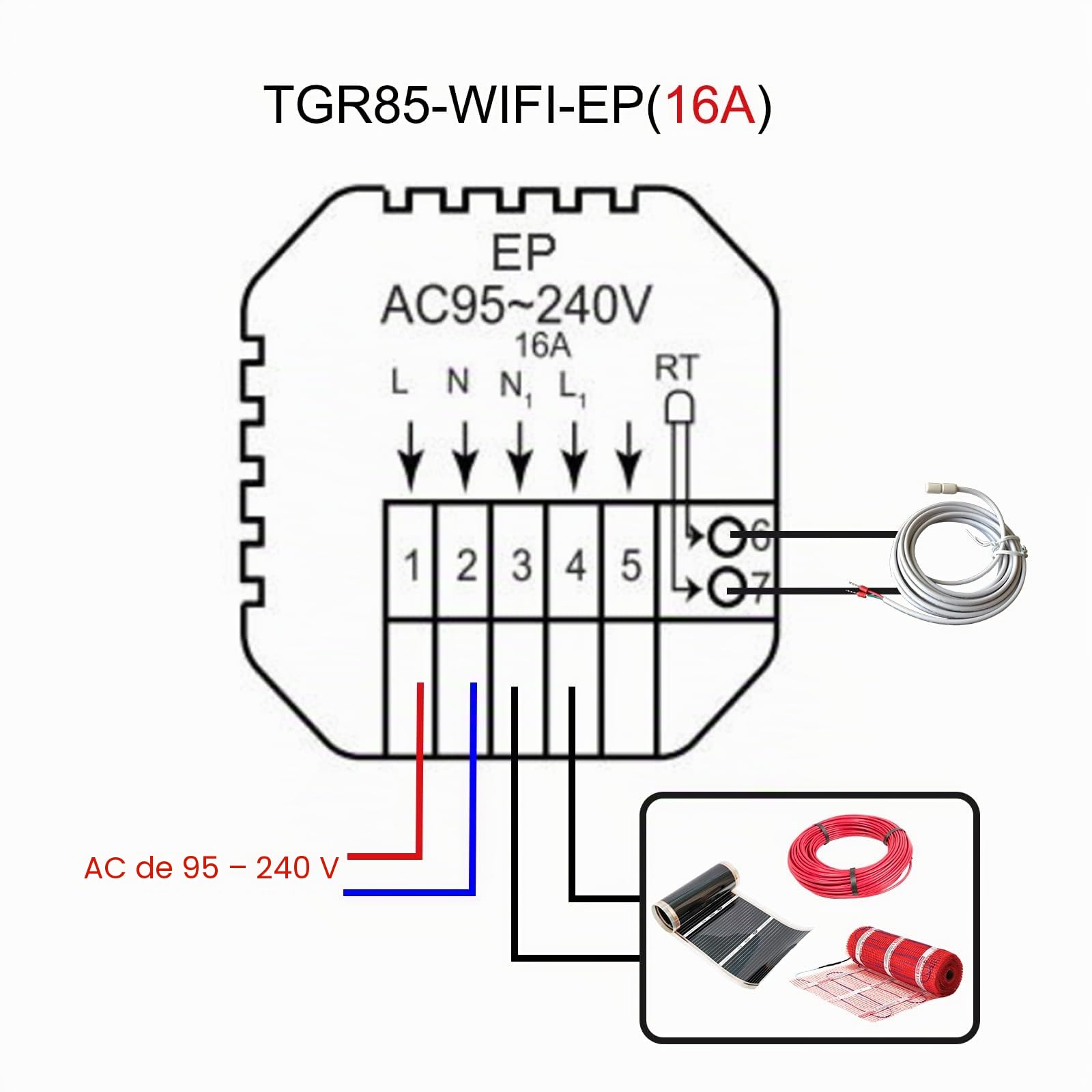 Beok WiFi - Termostato Inteligente de Pared para calefacción eléctrica programable semanal Compatible con Alexa 16 A TGR85WIFI-EP