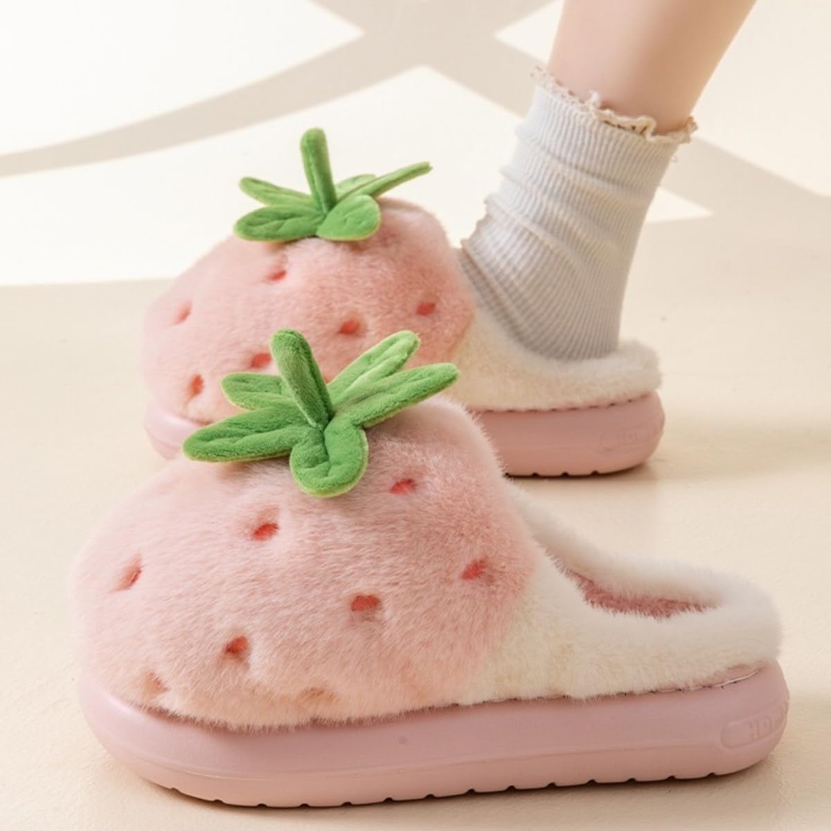 Strawberry Fuzzy Slippers for Women Platform Thick Sole Slip-on College Trendy Indoor Outdoor Comfortable Plush Cozy Cute Kawaii image 2