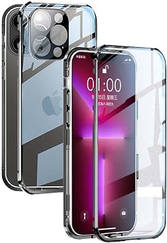 Double-Sided Tempered Glass Transparent Phone Case, for Apple iPhone 13 Pro Max 2021 6.7 Inch Magnetic Attraction Grass Cover Color Black