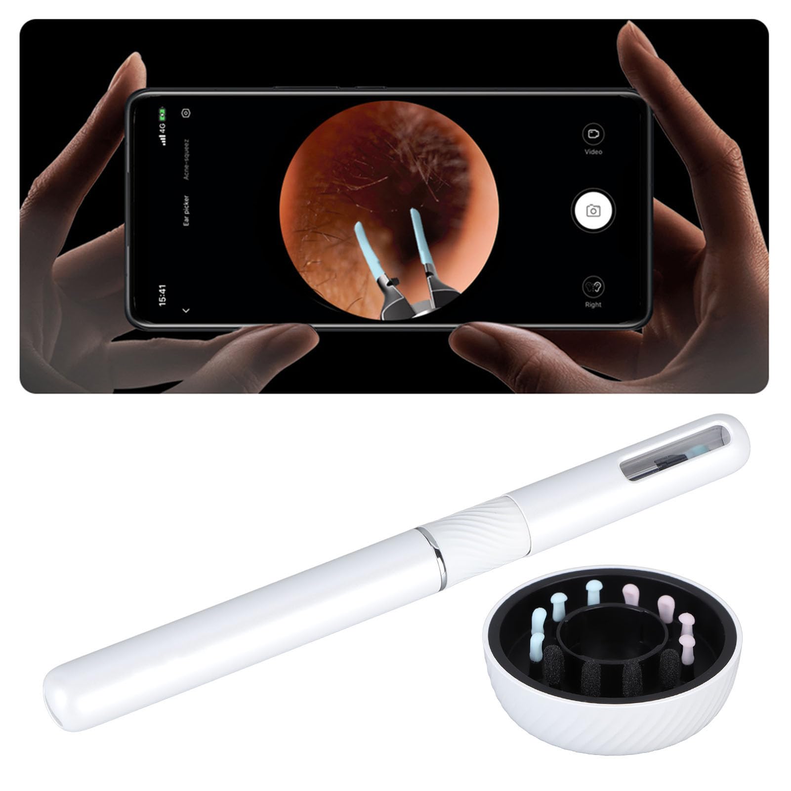 Herramienta de Eliminación de Cera de Oídos, Limpiador de Oídos con Cámara y Luz LED, Otoscopio de Cámara de Oído, Removedor de Cera de Oídos de Gran Angular de 10 MP y 360 Grados (Blanco)