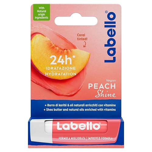 Immagine del prodotto Labello Peach Shine Burrocacao labbra 5.50 ml, Balsamo labbra colorato all'aroma di pesca, Lip balm idratante 24h con burro di karité e ingredienti naturali, con pigmenti colorati